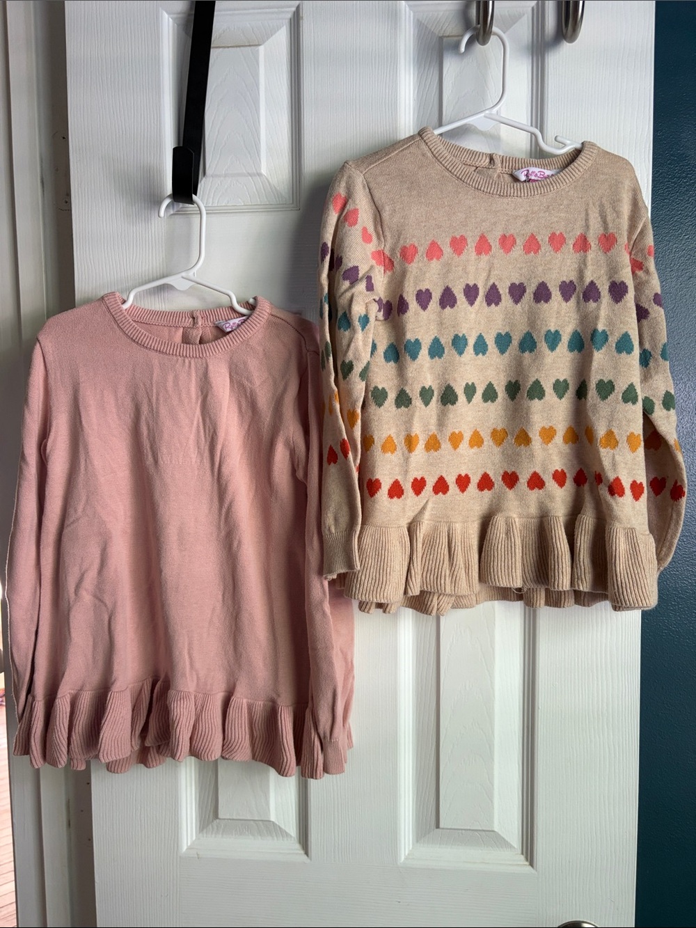 Ruffle Butts Beige Heart-Stripe Ruffle Sweater & Pink Ruffle-Hem Top
